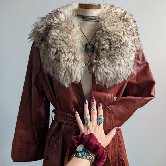 Vintage Leather Jacket Fur Trim Red 70s Penny Lane Boho Trench Afghan Coat Large - Picture 3 of 10